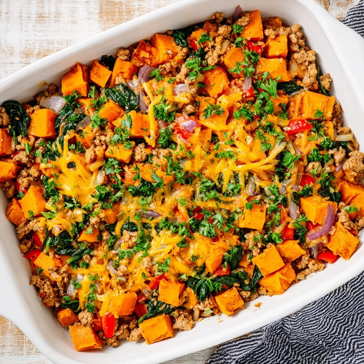 Weeknight dinner of savory ground turkey sweet potato bake with fluffy potato cubes and crispy cheese topping