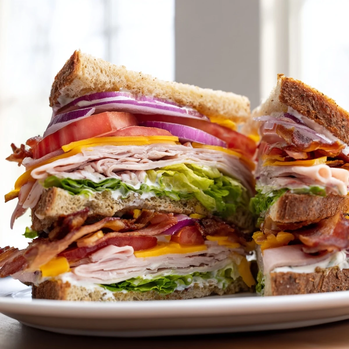 Golden toasted turkey beef bacon ranch sandwich stacked high with melted cheese, crispy bacon, fresh lettuce, tomato, and red onion