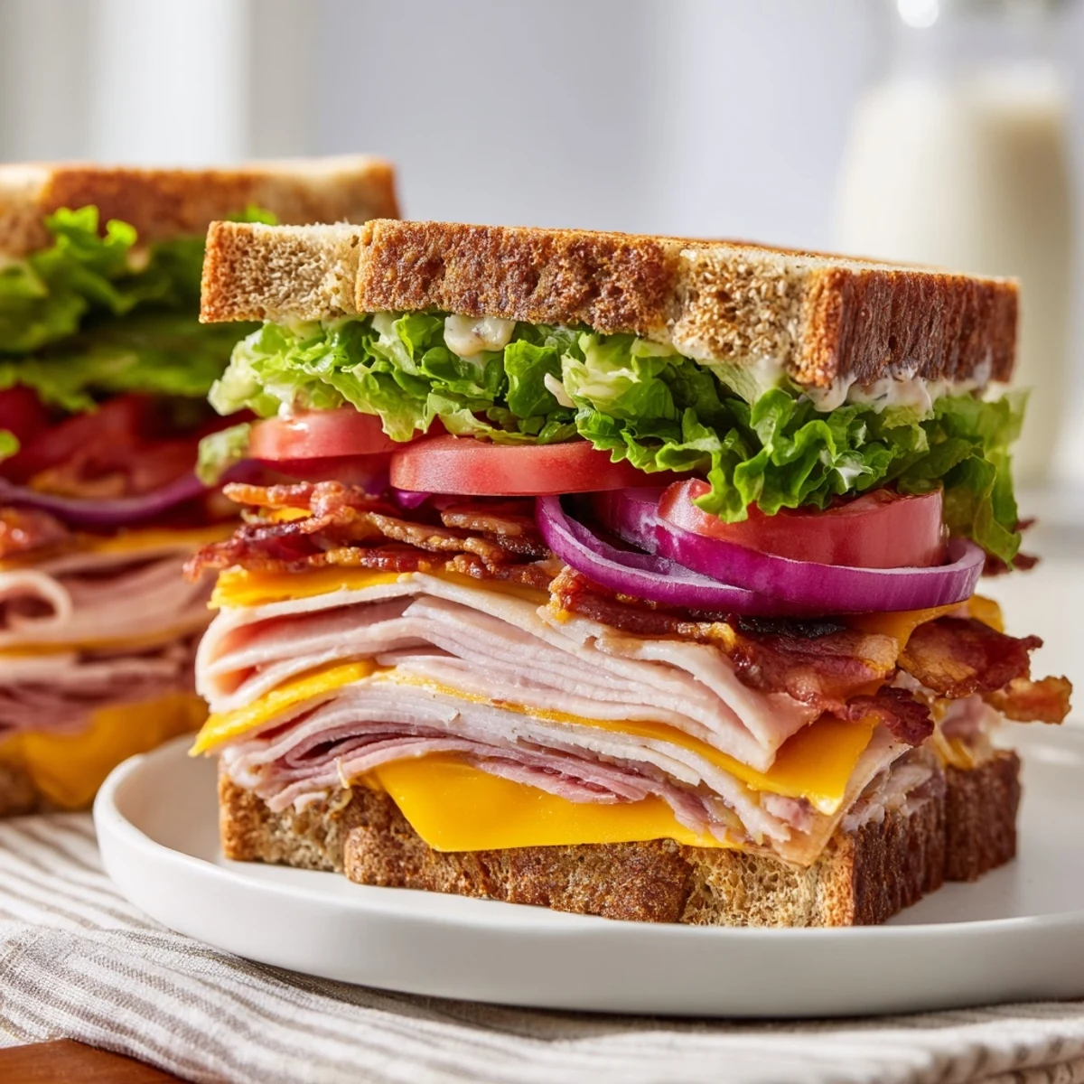 Hearty ultimate turkey beef bacon ranch sandwich loaded with layers of roasted meats and creamy ranch dressing on sourdough bread