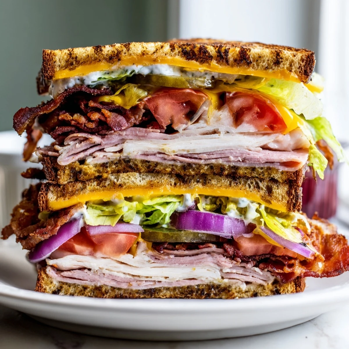 Sliced turkey beef bacon ranch sandwich revealing juicy roast beef, cheddar, Swiss cheese, and crisp vegetables nestled between toasted slices