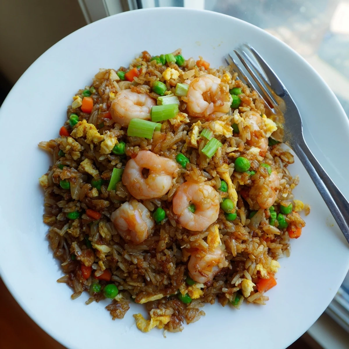 Golden plate of authentic shrimp fried rice with colorful vegetables and tender pink shrimp