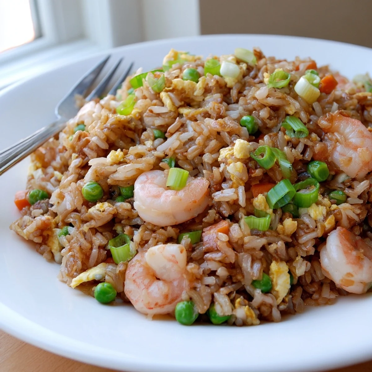 Steaming bowl of authentic shrimp fried rice featuring fluffy jasmine rice and plump seafood
