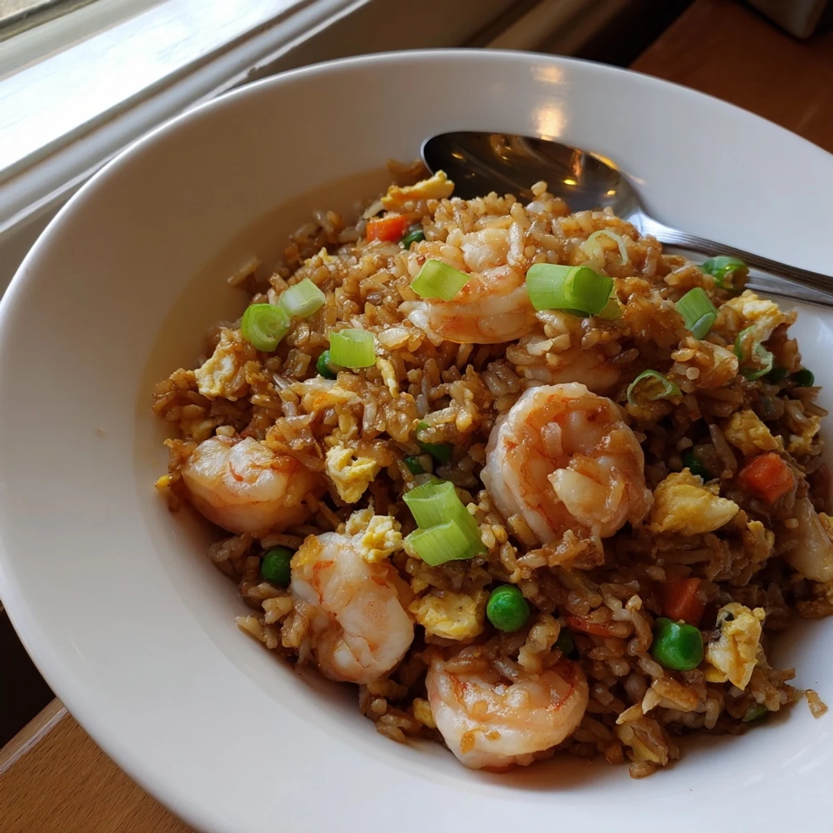 Close-up of authentic shrimp fried rice with scrambled eggs, peas, carrots, and green onions