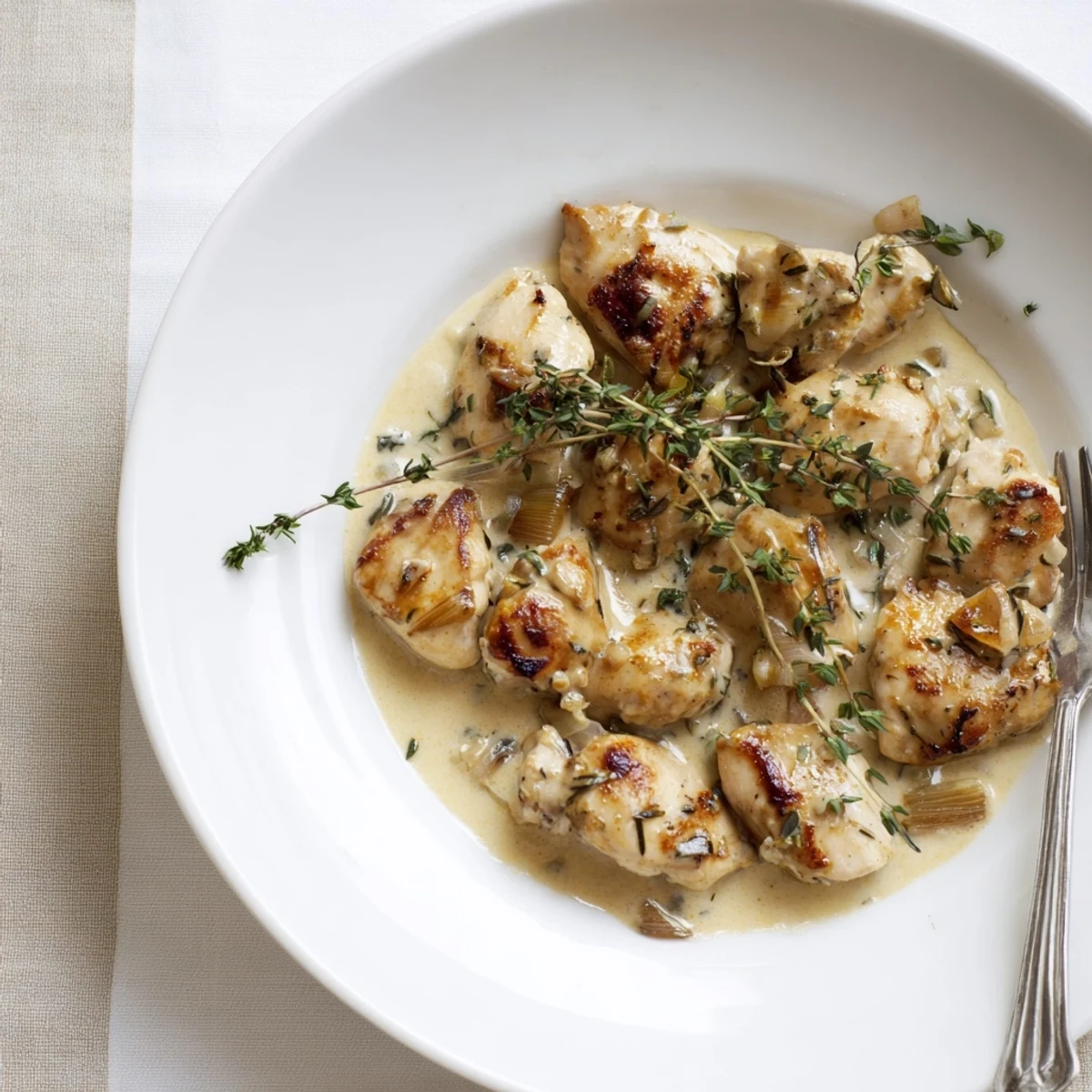 Golden seared chicken breasts nestled in creamy Dijon mustard sauce with fresh parsley garnish