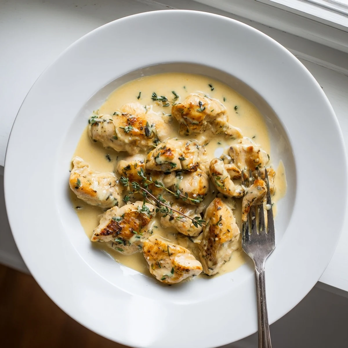 French mustard chicken plated with velvety whole grain sauce and tender juicy meat