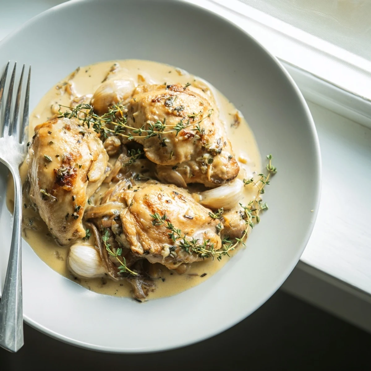 Creamy mustard glazed chicken drizzled with rich white wine sauce and fresh herbs