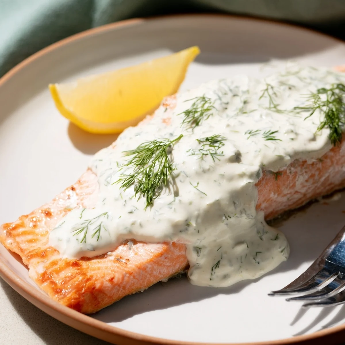 Healthy Mediterranean salmon entree featuring tender fish with cool lemon dill yogurt garnish and dill sprigs