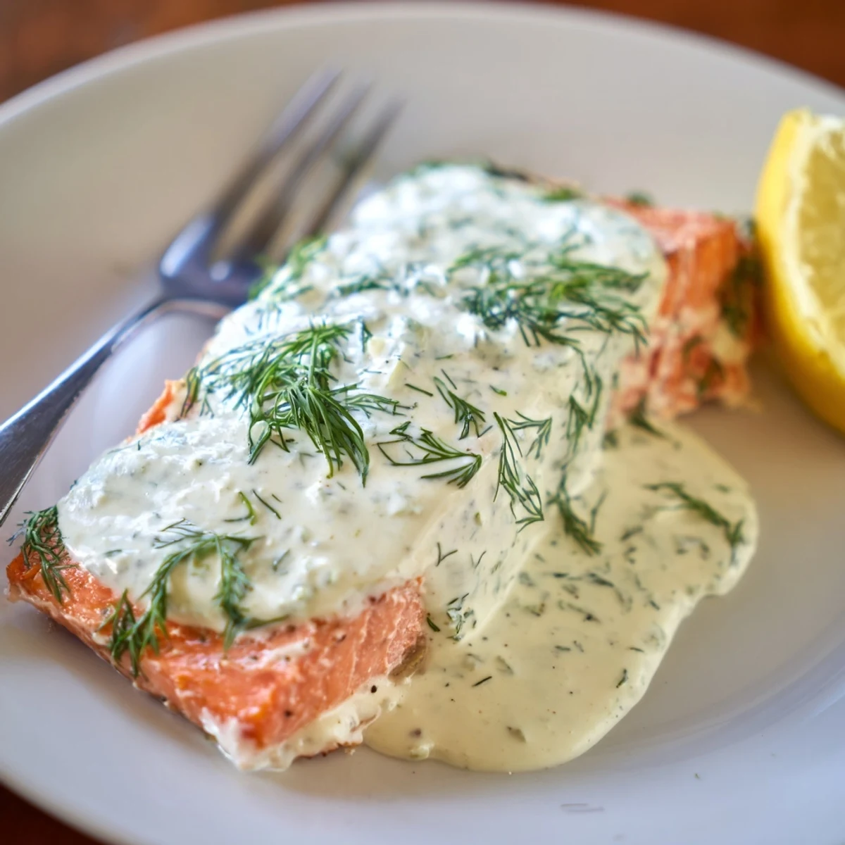 Flaky oven-roasted Mediterranean salmon topped with zesty lemon dill yogurt on a white serving plate