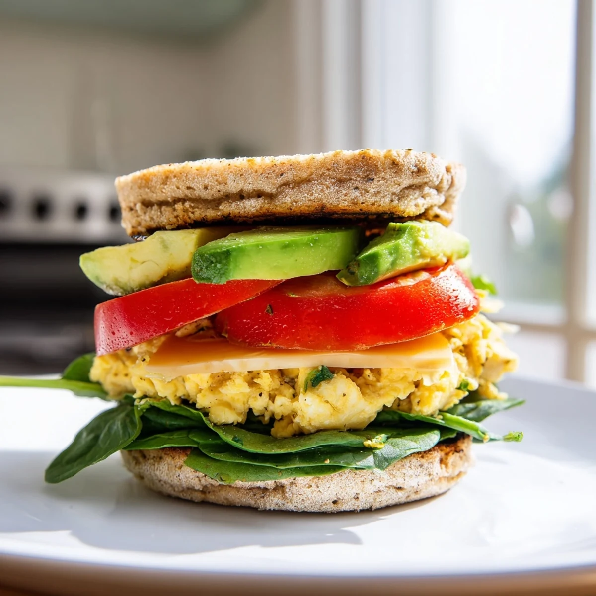 Two toasted whole grain English muffins stacked with fluffy scrambled eggs and melted cheddar cheese