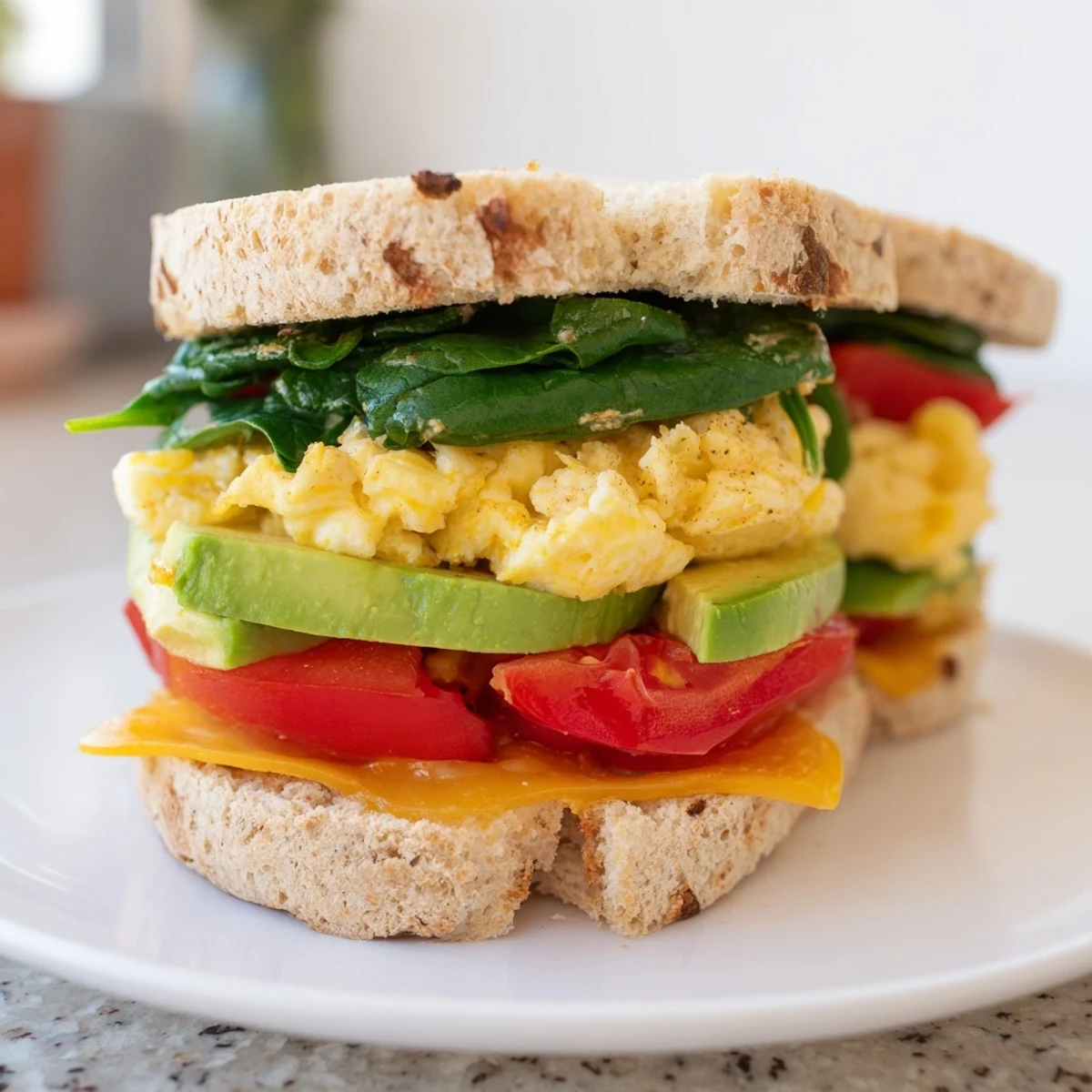 Protein-packed breakfast sandwich featuring scrambled eggs reduced-fat cheese and fresh vegetables on a toasted English muffin
