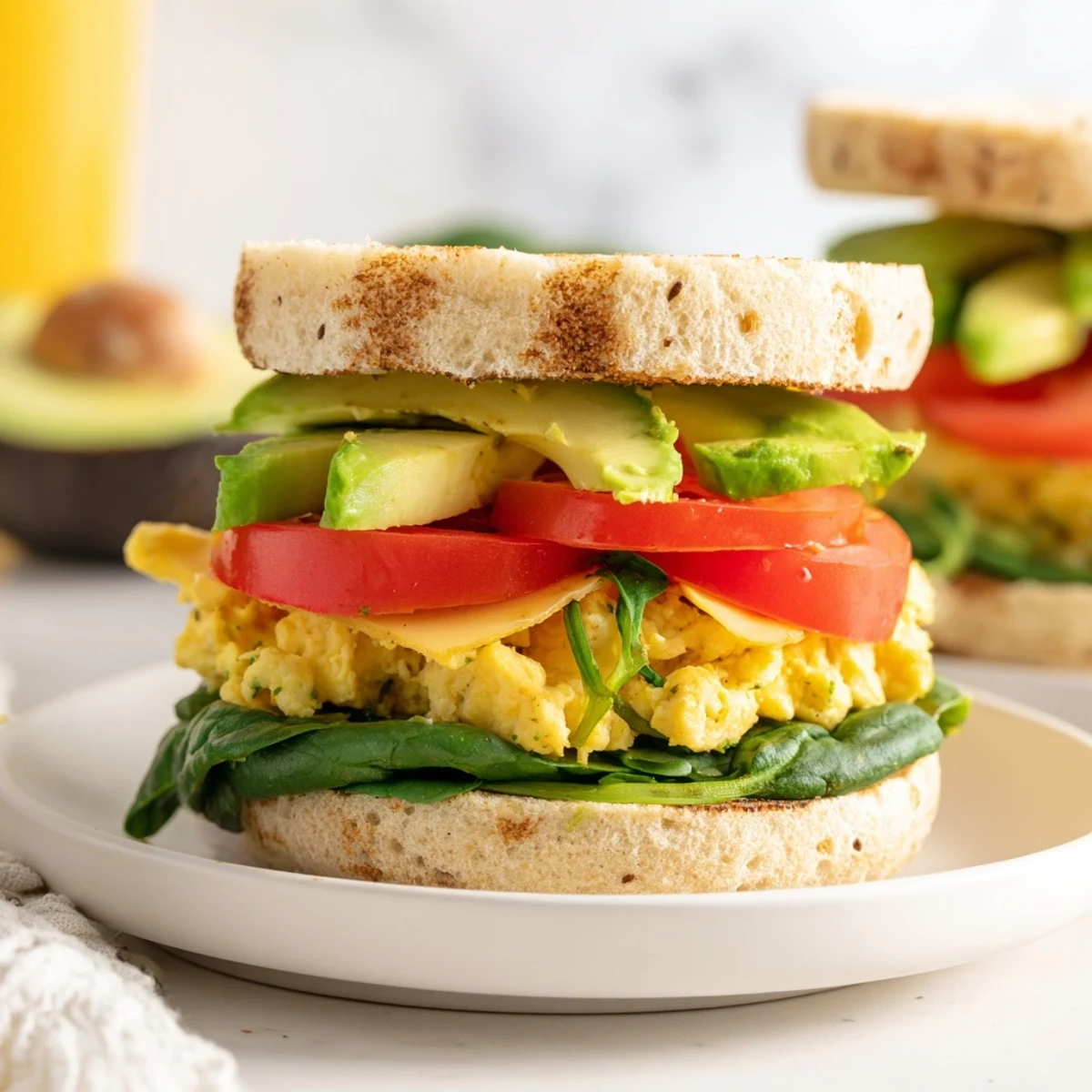 Healthy breakfast sandwich layered with fresh avocado slices tomato spinach and scrambled eggs on toasted muffin