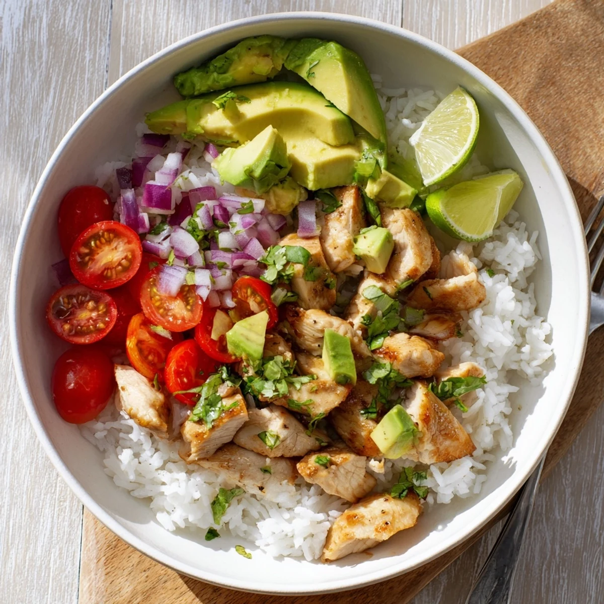 Vibrant rice bowl featuring zesty honey lime chicken and buttery avocado slices