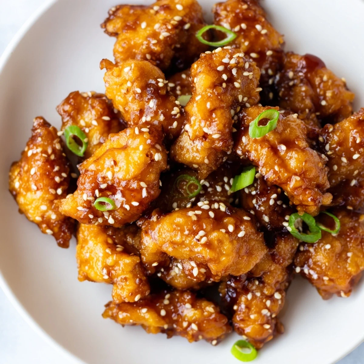 Golden honey chicken pieces coated in sticky sweet glaze garnished with sesame seeds and green onions