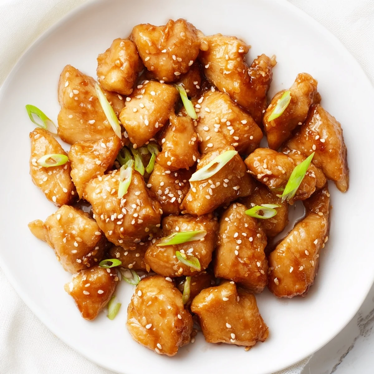Crispy honey chicken thighs in thick amber sauce topped with fresh scallions and sesame seeds