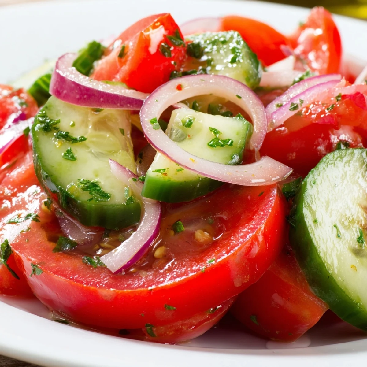 Fresh tomato, cucumber, and onion salad tossed in light vinaigrette with chopped parsley garnish