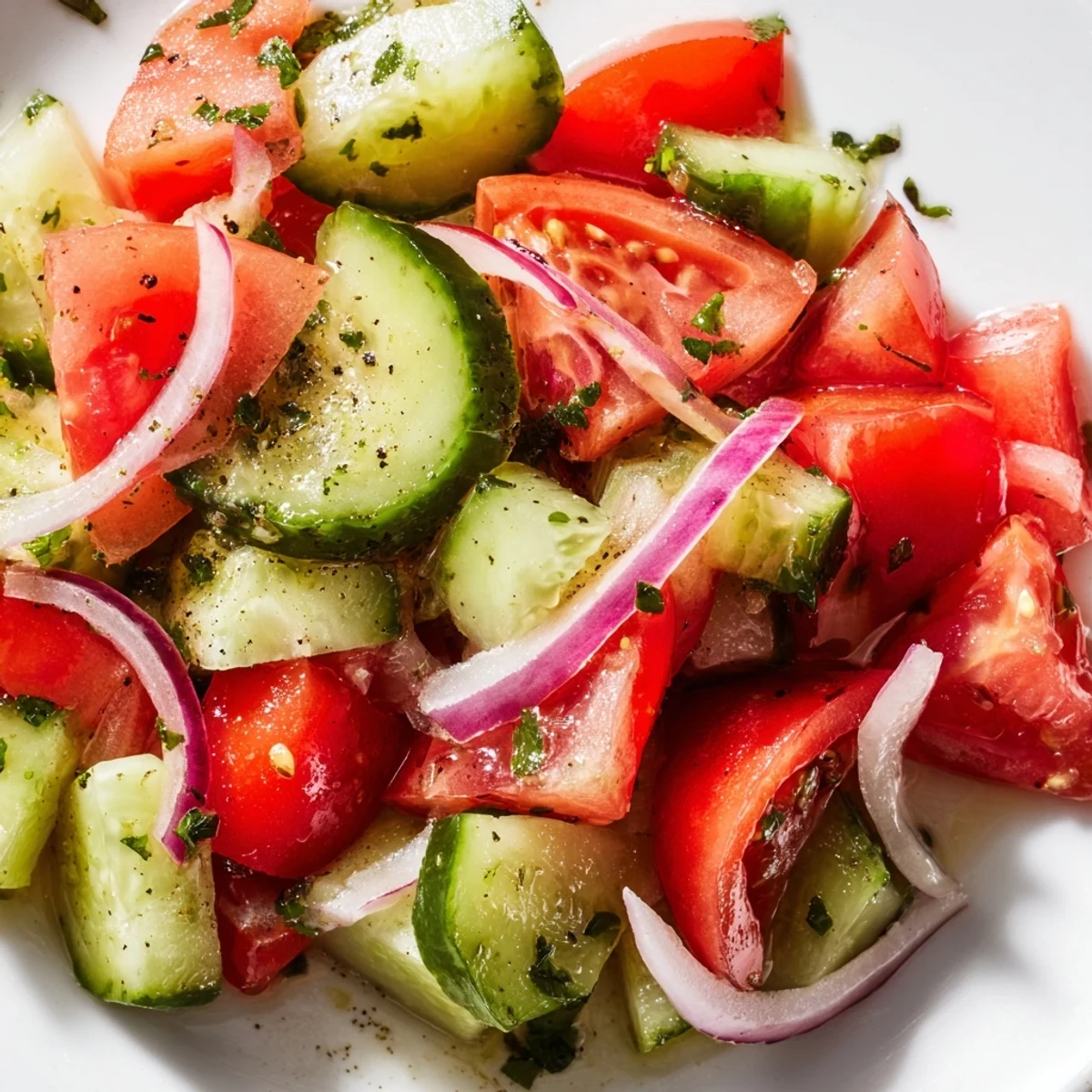 Colorful bowl of crisp tomato cucumber onion salad drizzled with olive oil dressing