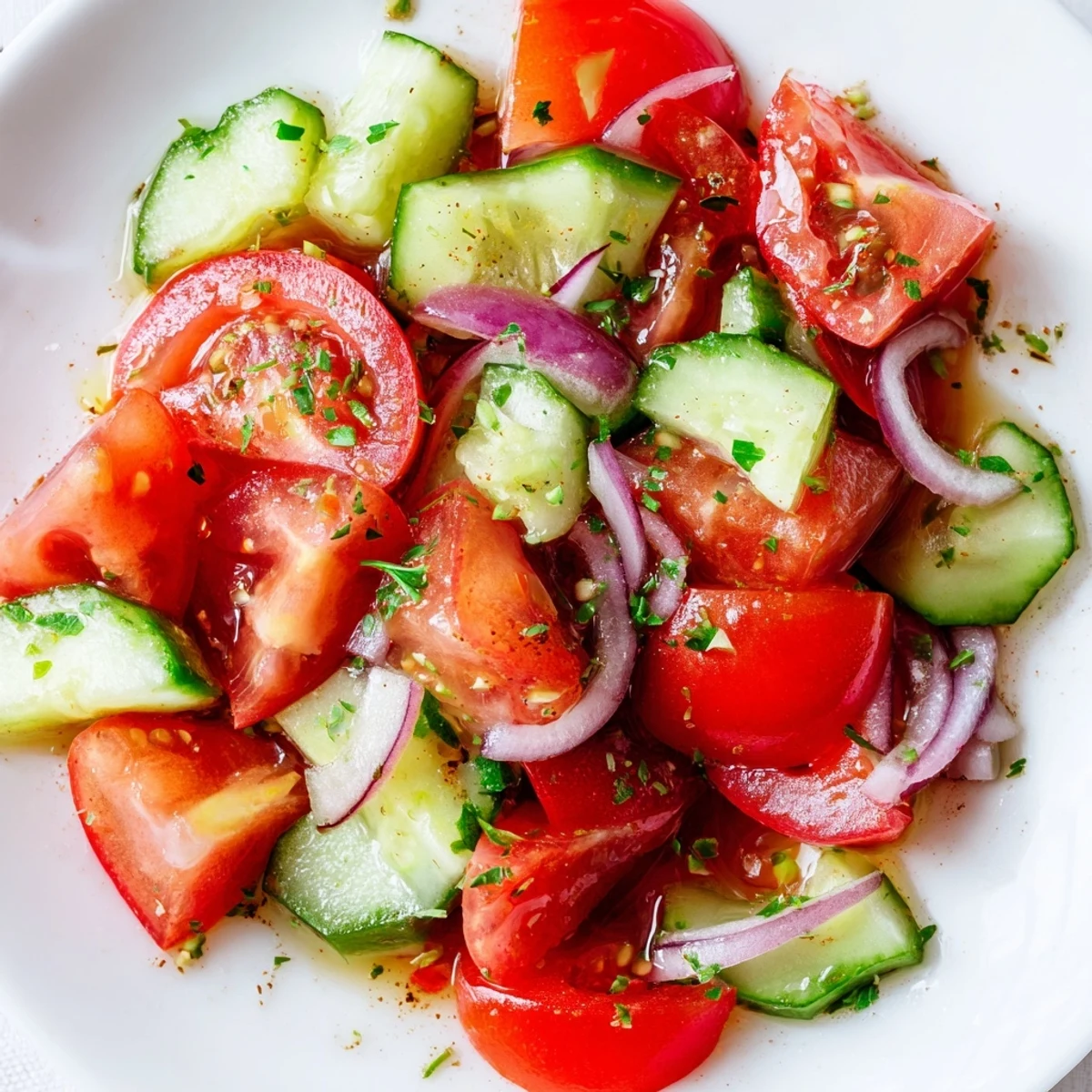 Summer tomato, cucumber, and onion salad featuring ripe vegetables and tangy red wine vinaigrette