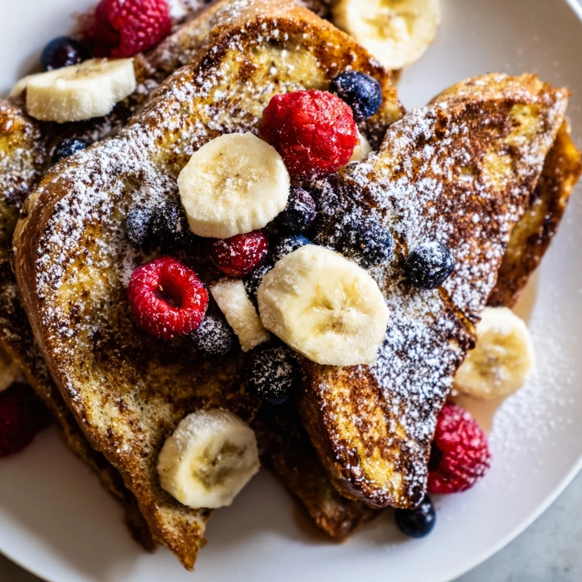 Golden vegan French toast slices dusted with powdered sugar and fresh berries on a white plate