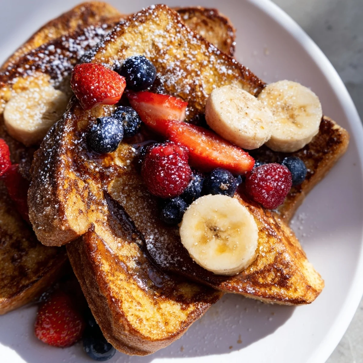 Crispy plant-based French toast stacked high with maple syrup drizzle and banana slices for breakfast