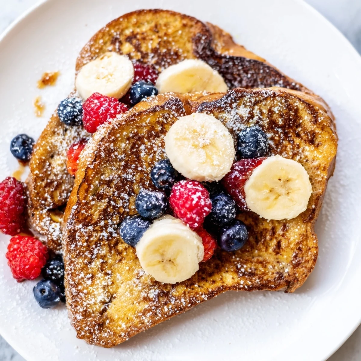 Vegan French toast cooking in a skillet with cinnamon speckled golden brown custard edges