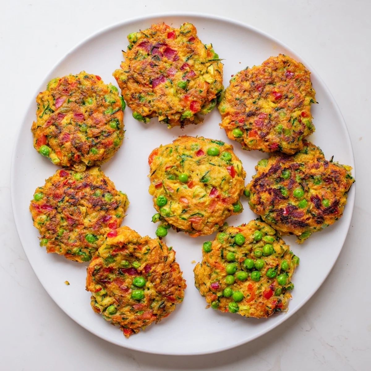 Golden brown crispy vegetable fritters served on a white plate with fresh parsley garnish