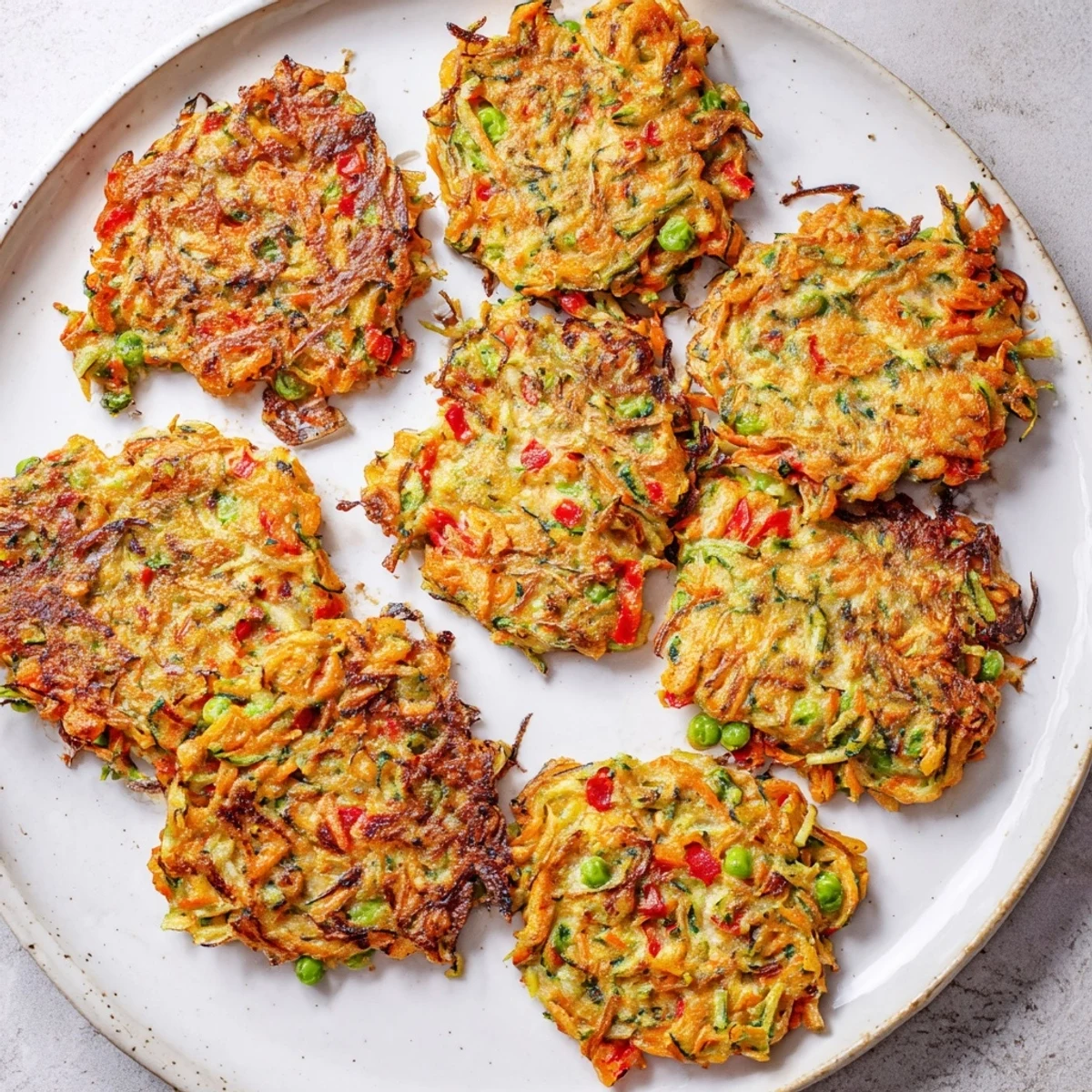 Pan-fried vegetable fritters with crunchy exterior and colorful grated vegetables inside, displayed on rustic wooden board