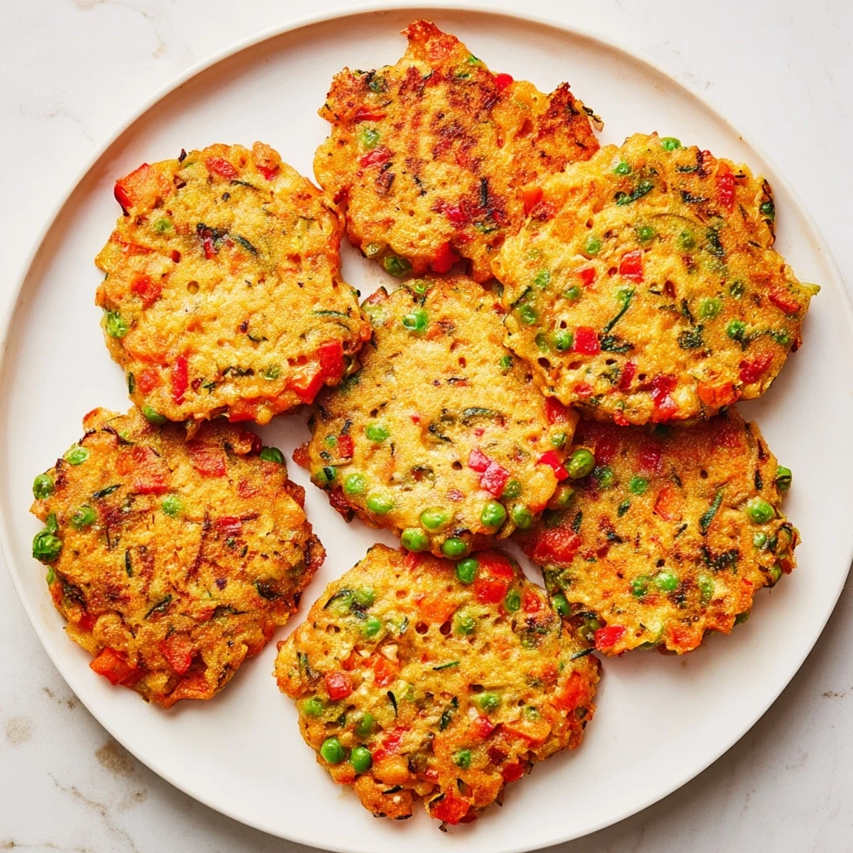 Homemade crispy vegetable fritters arranged on serving platter alongside creamy yogurt dipping sauce and lemon wedge