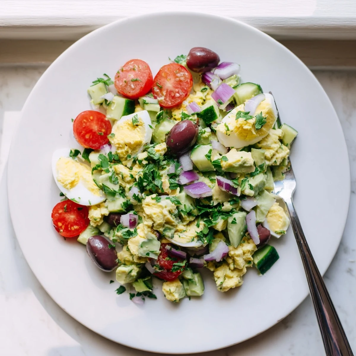 Mediterranean-style avocado egg salad tossed with olive oil lemon dressing and served with colorful chopped vegetables
