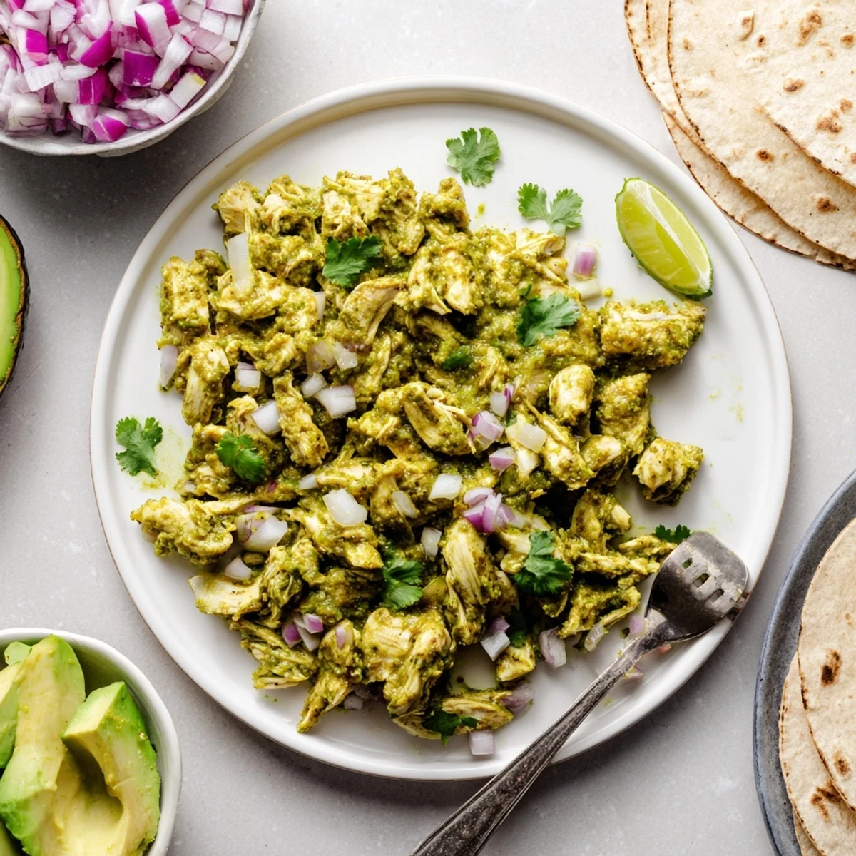 Tender chicken simmered in zesty green salsa verde topped with avocado and red onion