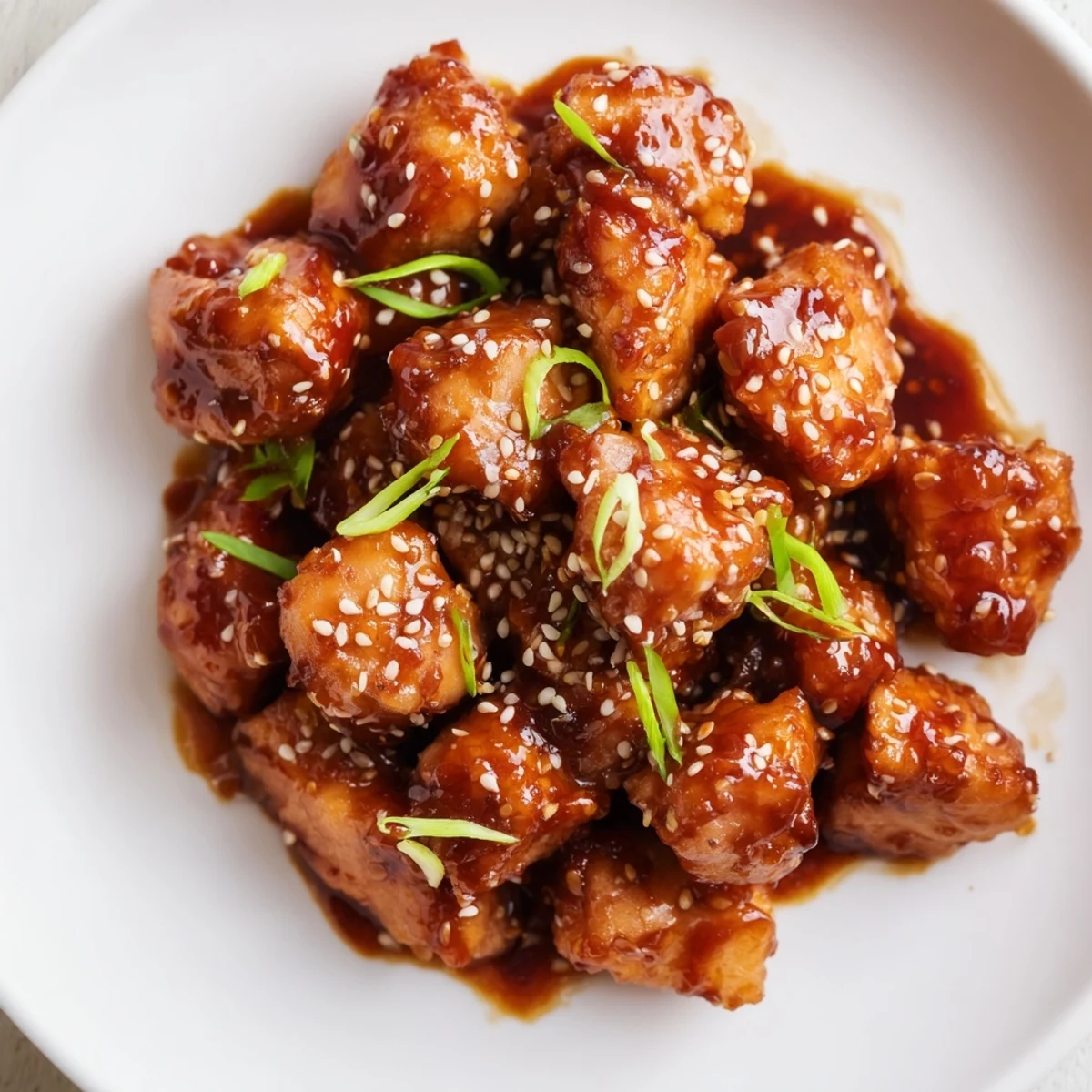 Golden brown chicken pieces glazed in thick shiny teriyaki sauce over steaming white rice