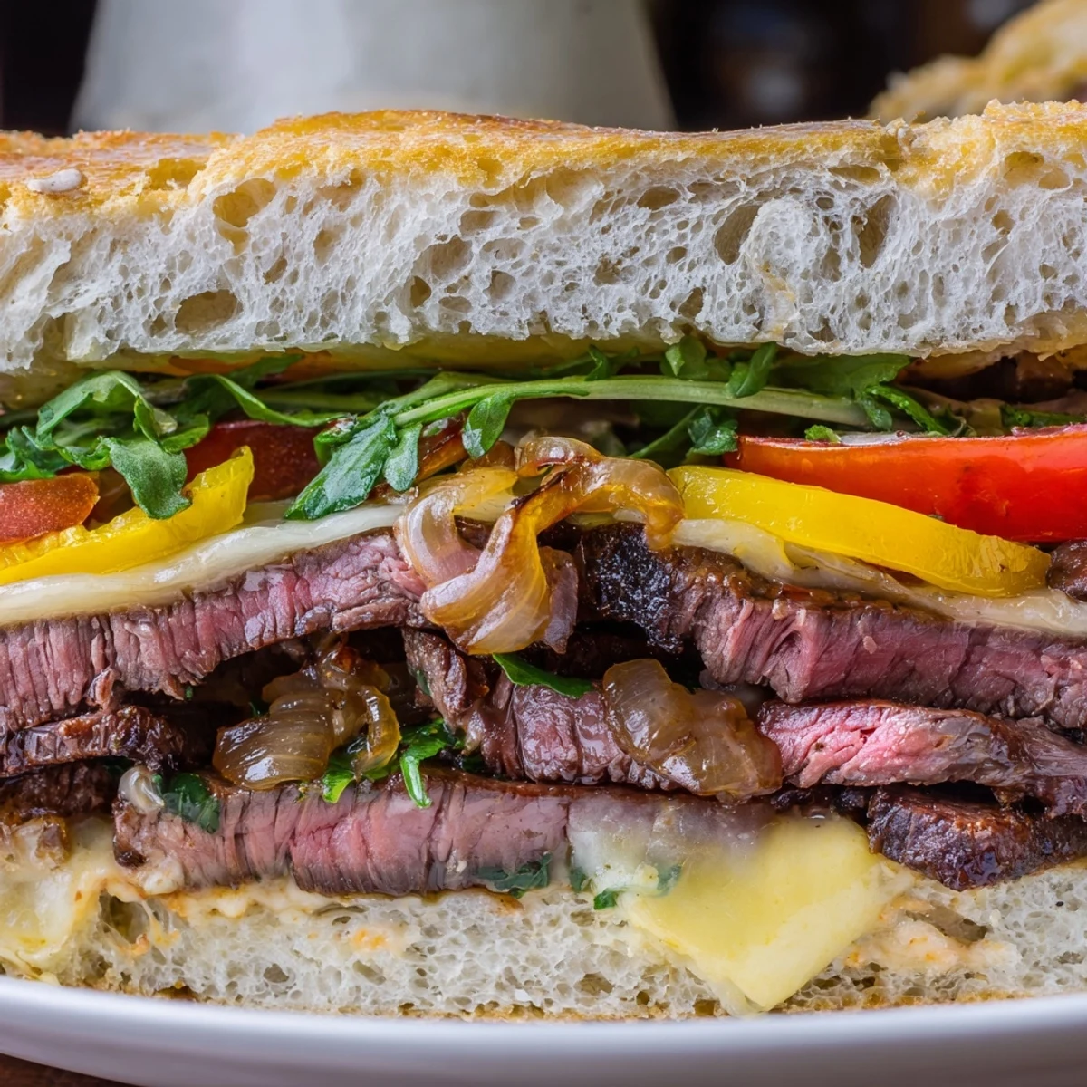 Juicy sliced ribeye steak sandwich with melted provolone and caramelized onions on toasted crusty roll