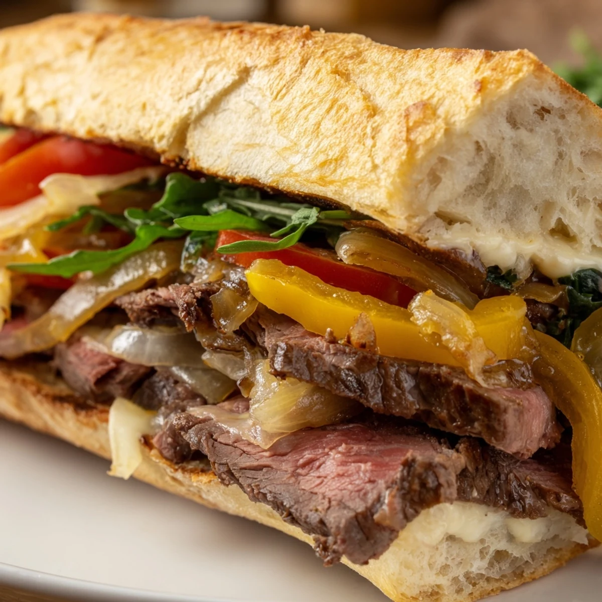 Hearty steak sandwich stacked with arugula tomato and sautéed peppers on a buttered baguette