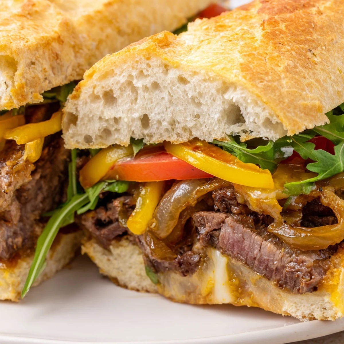 American-style steak sandwich featuring tender seared beef with Dijon mayo and melted Swiss cheese