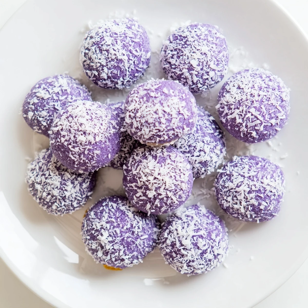Golden brown Coconut Ube Besito cookies coated in white coconut flakes on a white plate