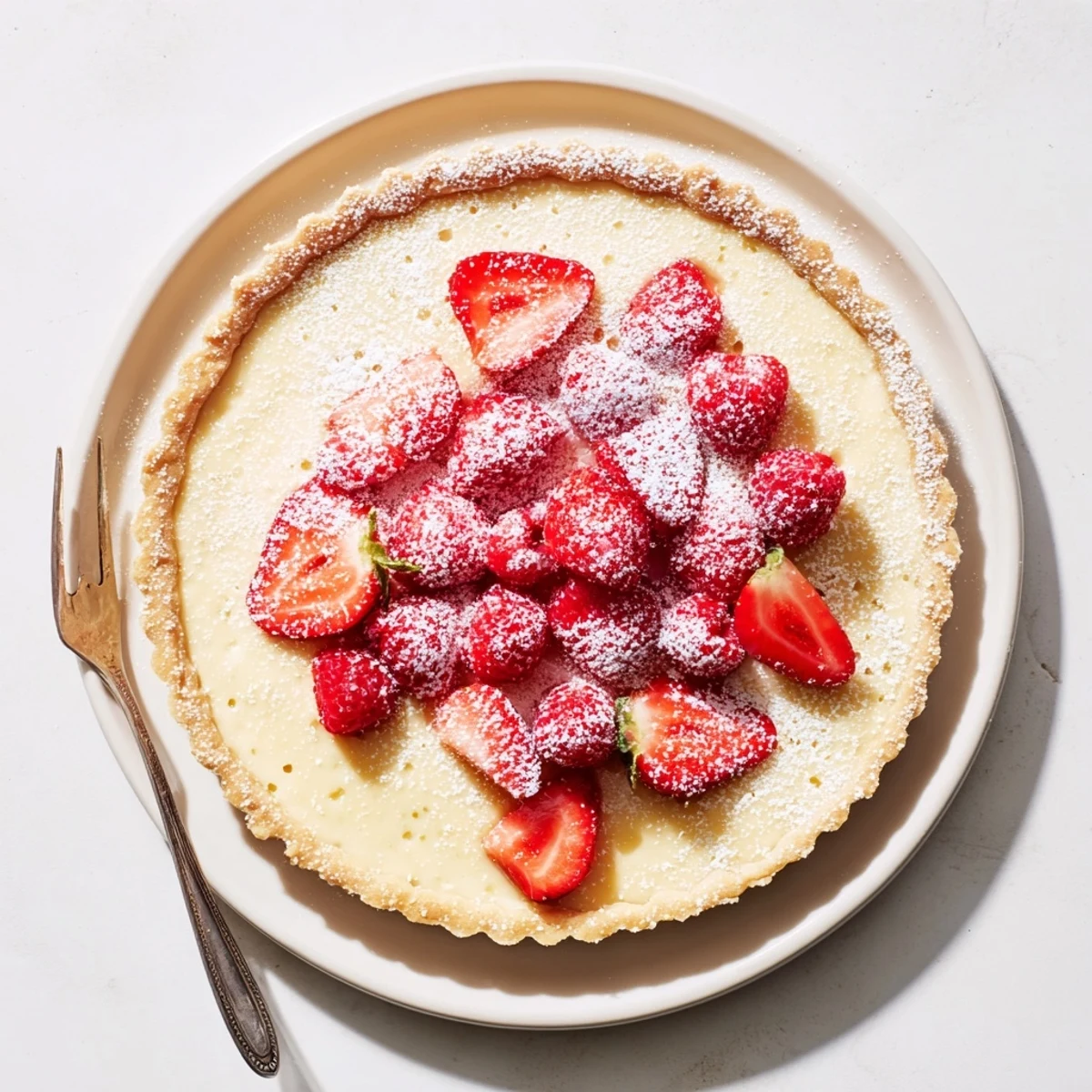 Elegant French tart featuring silky vanilla bean cream topped with fresh seasonal berries