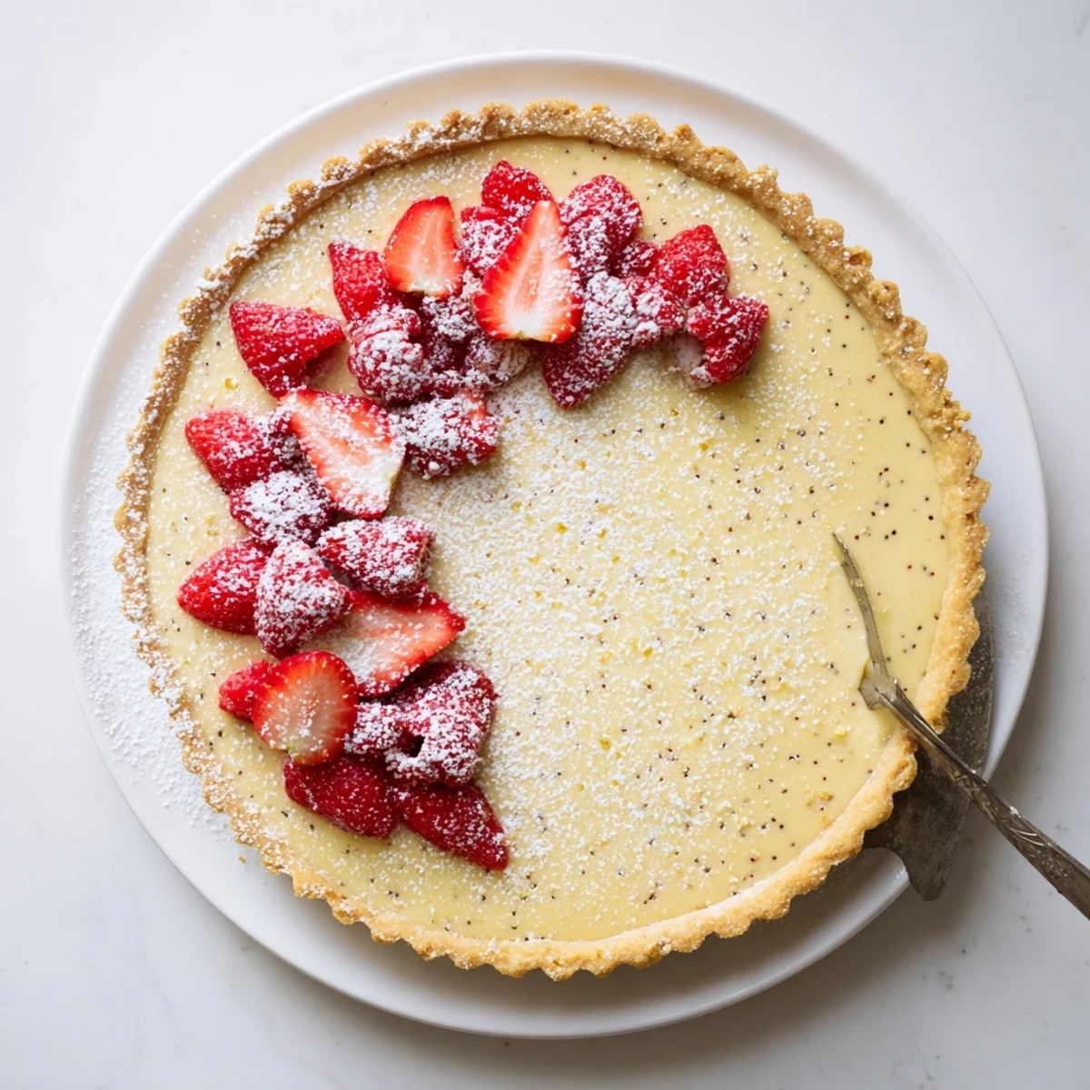 Golden vanilla bean pastry cream tart with smooth custard filling in a buttery crust