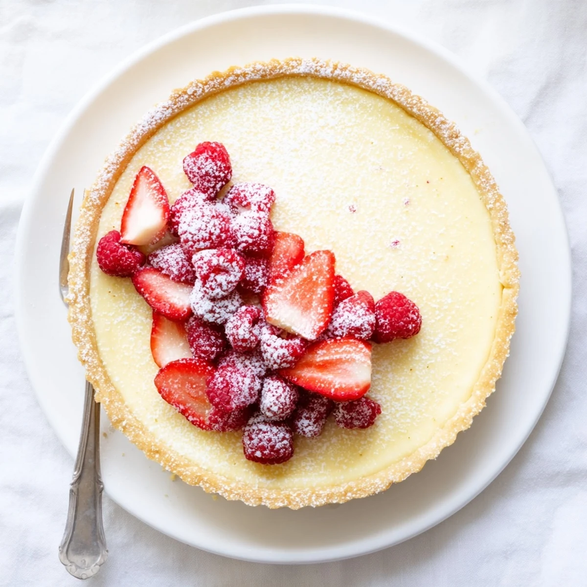 Sliced vanilla bean pastry cream tart showing creamy custard in flaky golden pastry shell
