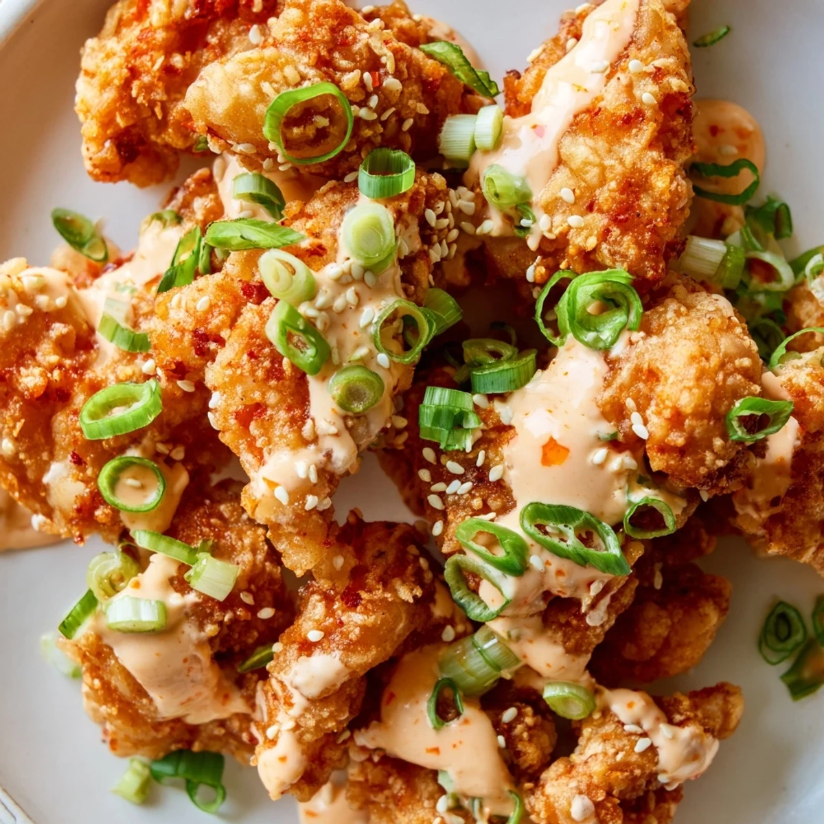 Golden crispy spicy Bang Bang chicken pieces coated in creamy red sauce garnished with green scallions and white sesame seeds