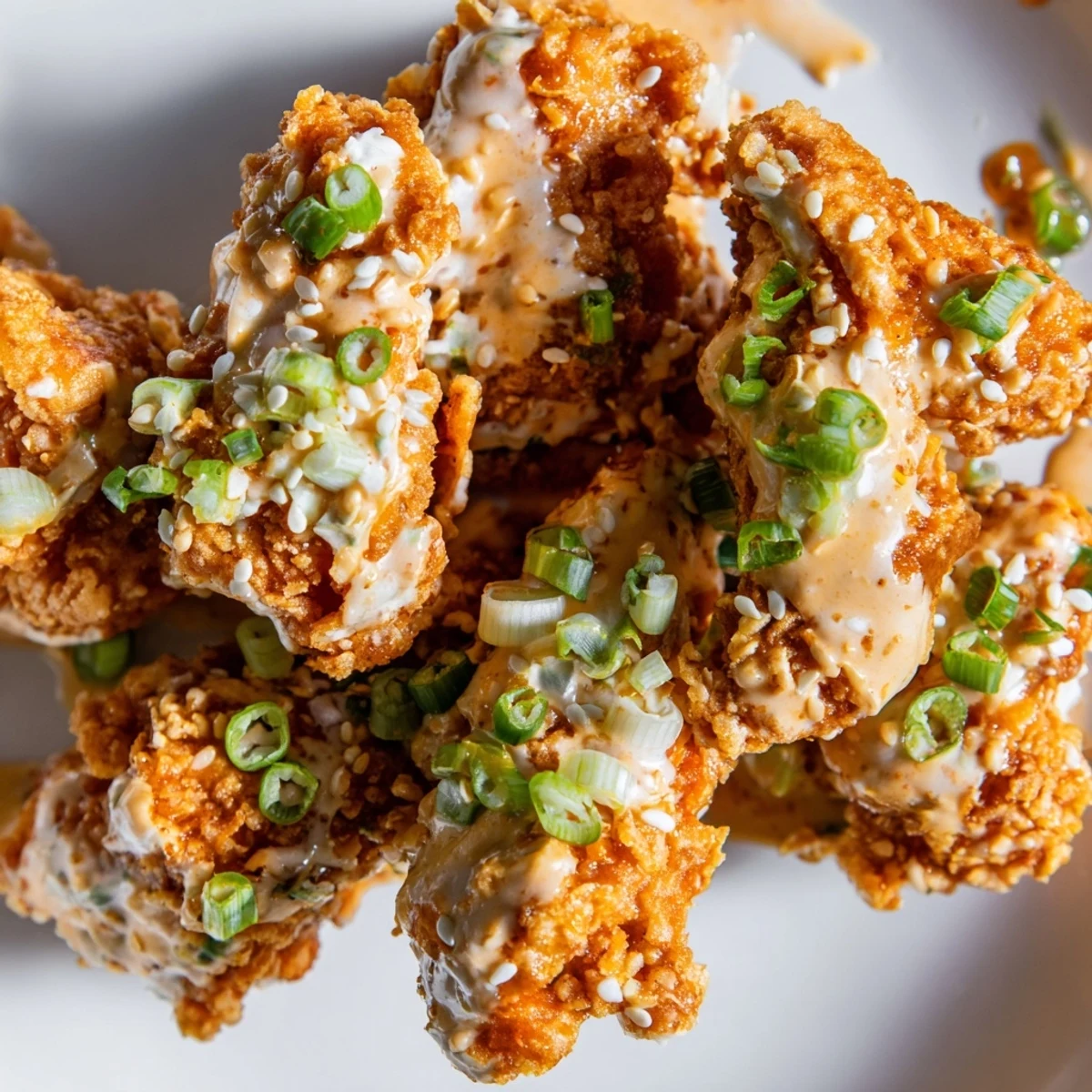 Homemade Bang Bang chicken recipe showing golden brown fried chicken tossed in spicy creamy sauce and topped with fresh herbs