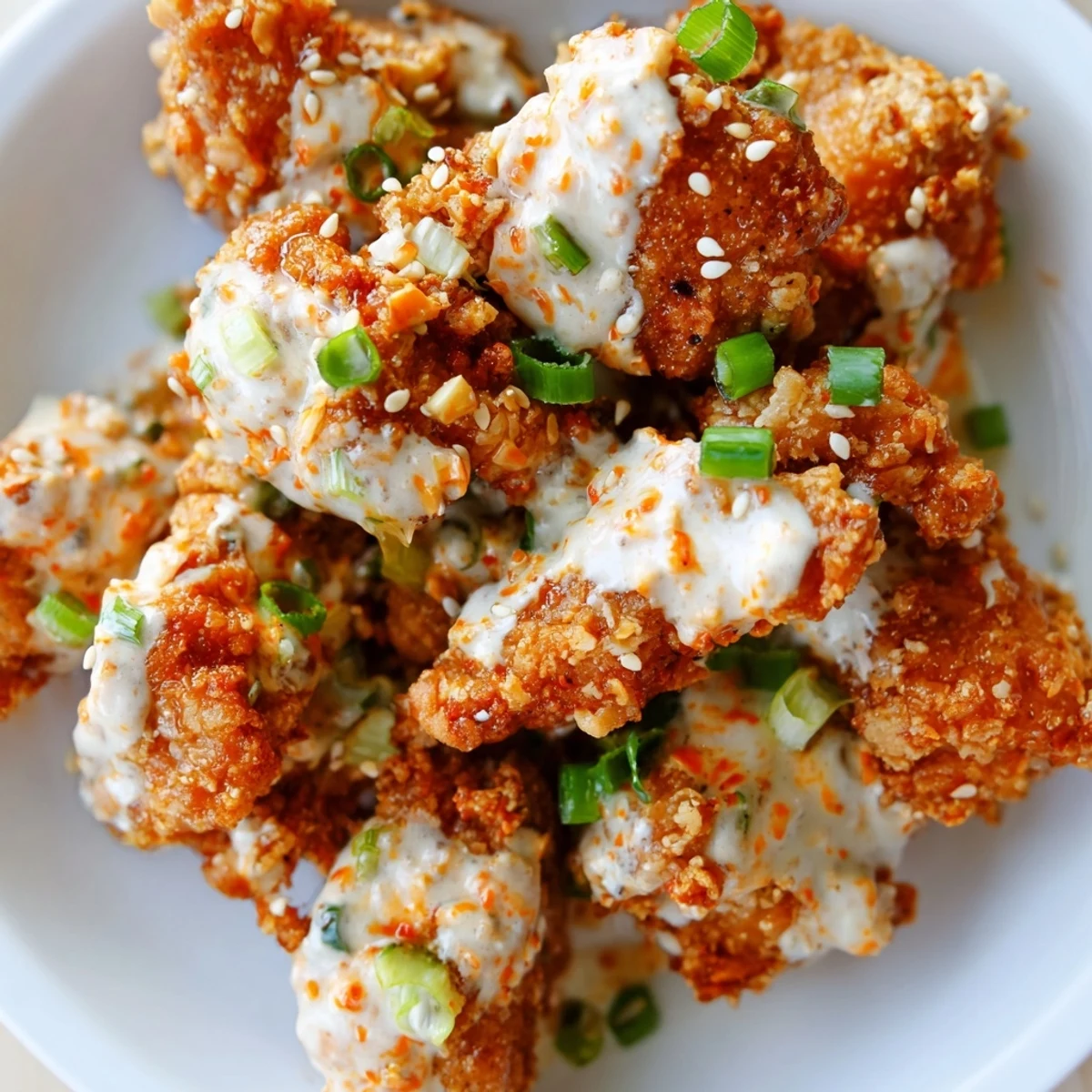 Plate of spicy Bang Bang chicken appetizer featuring crispy fried bites drizzled with sweet chili Sriracha mayonnaise sauce