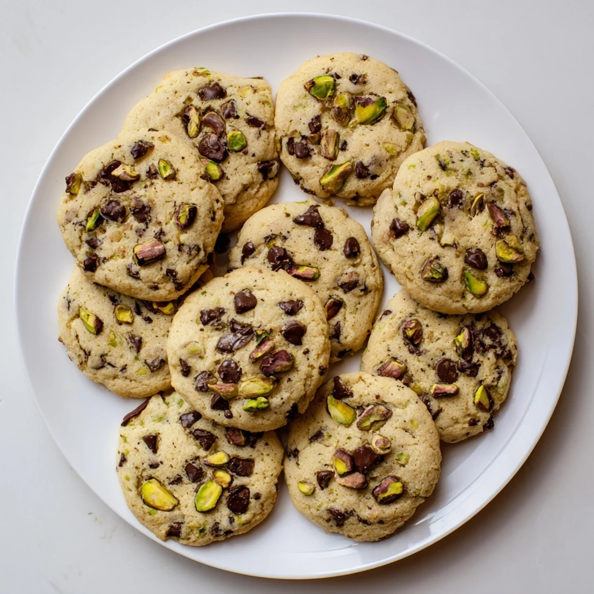 Soft pistachio cream chocolate chip cookies with golden edges and melted chocolate chunks