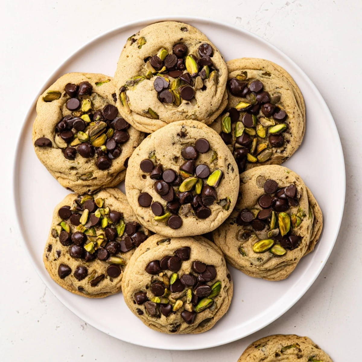 Chewy pistachio cream chocolate chip cookies stacked high with green speckles throughout the dough