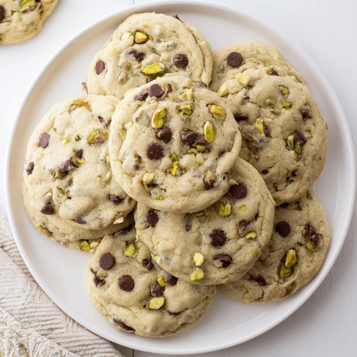 Freshly baked pistachio cream chocolate chip cookies scattered with chopped nuts on a wooden board