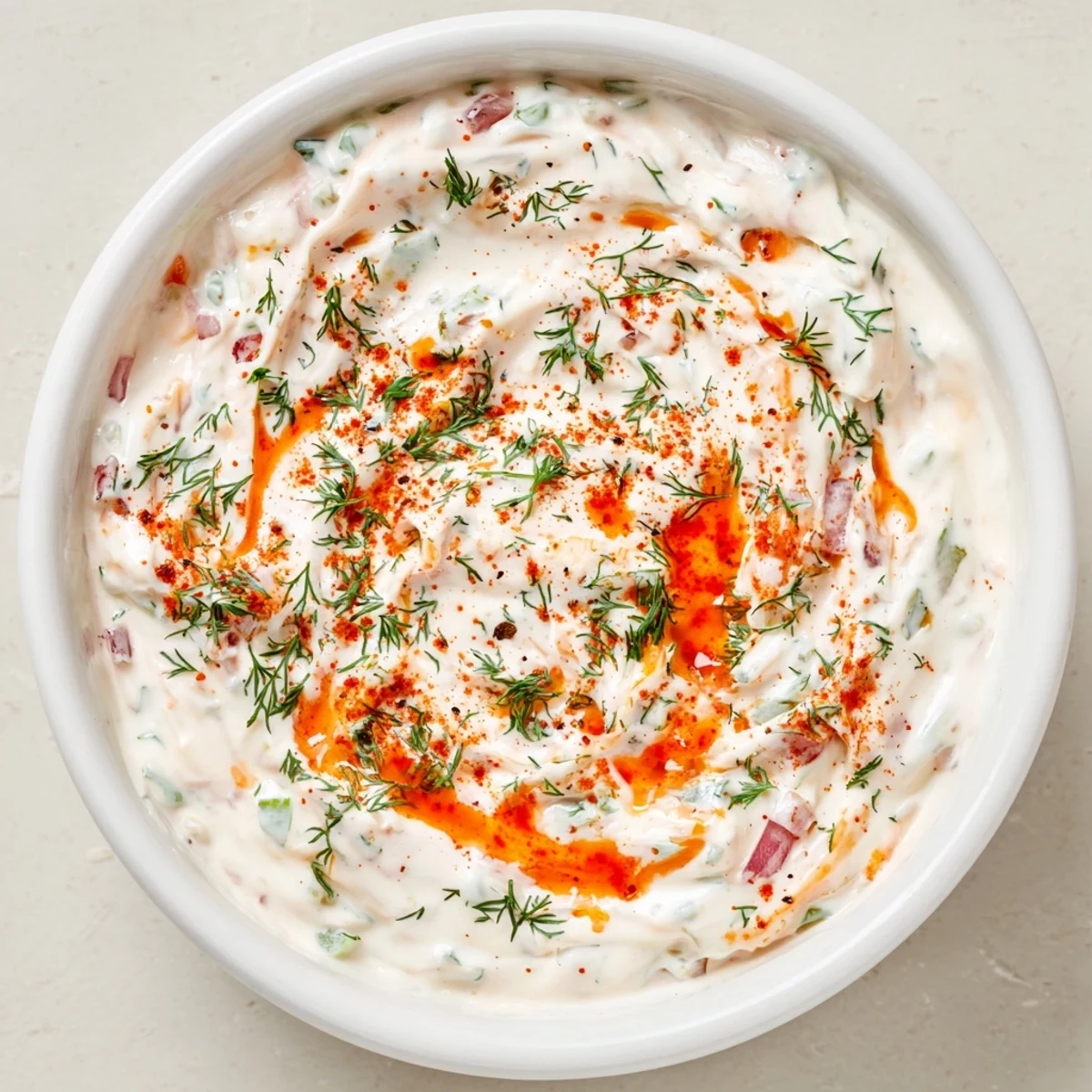 Thick spicy dill pickle burger sauce dollopped on a wooden board with chopped pickles.