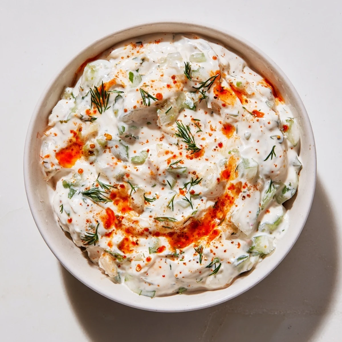 Creamy spicy dill pickle burger sauce in a white ramekin topped with fresh herbs.
