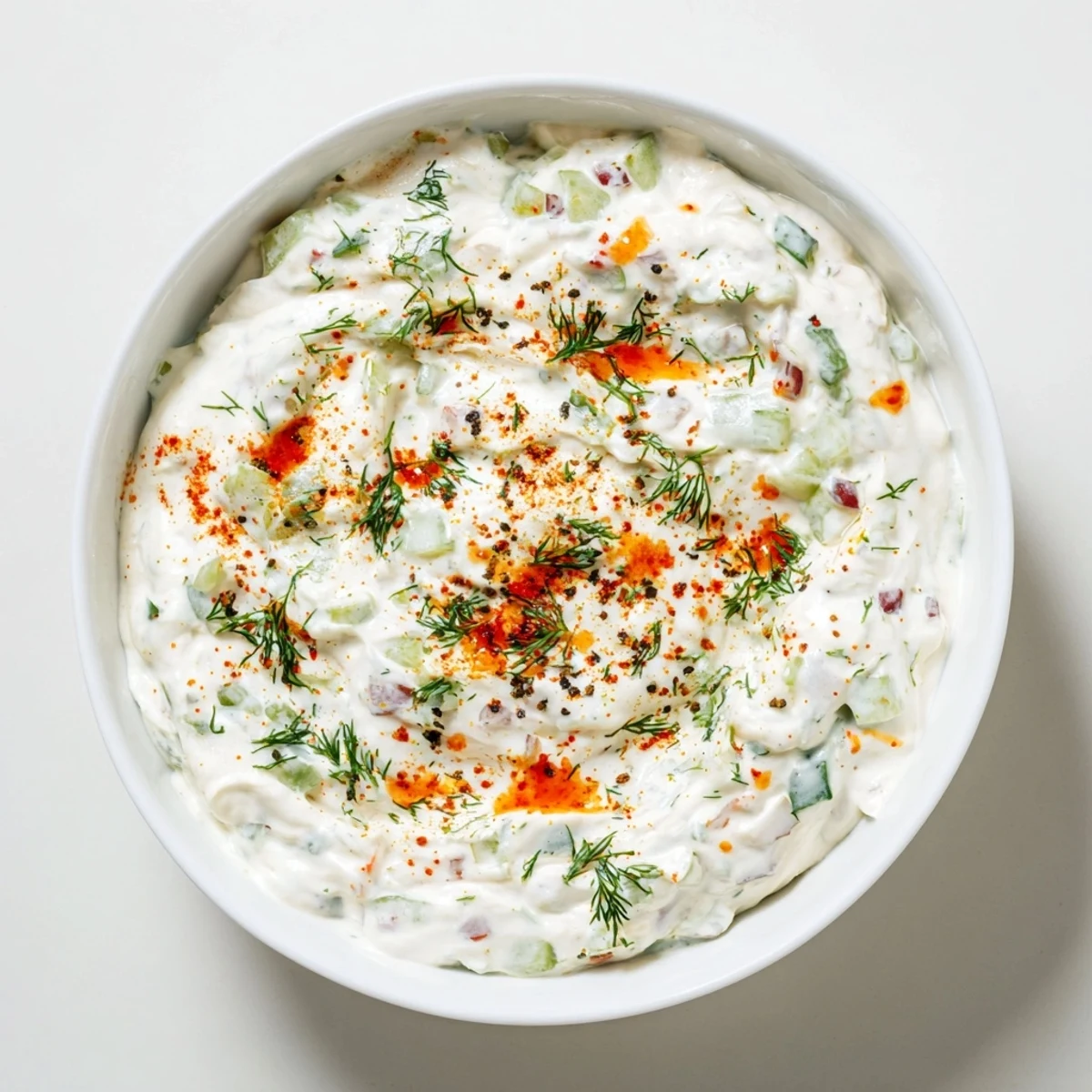 Vibrant spicy dill pickle burger sauce with visible pickle pieces and dill garnish.