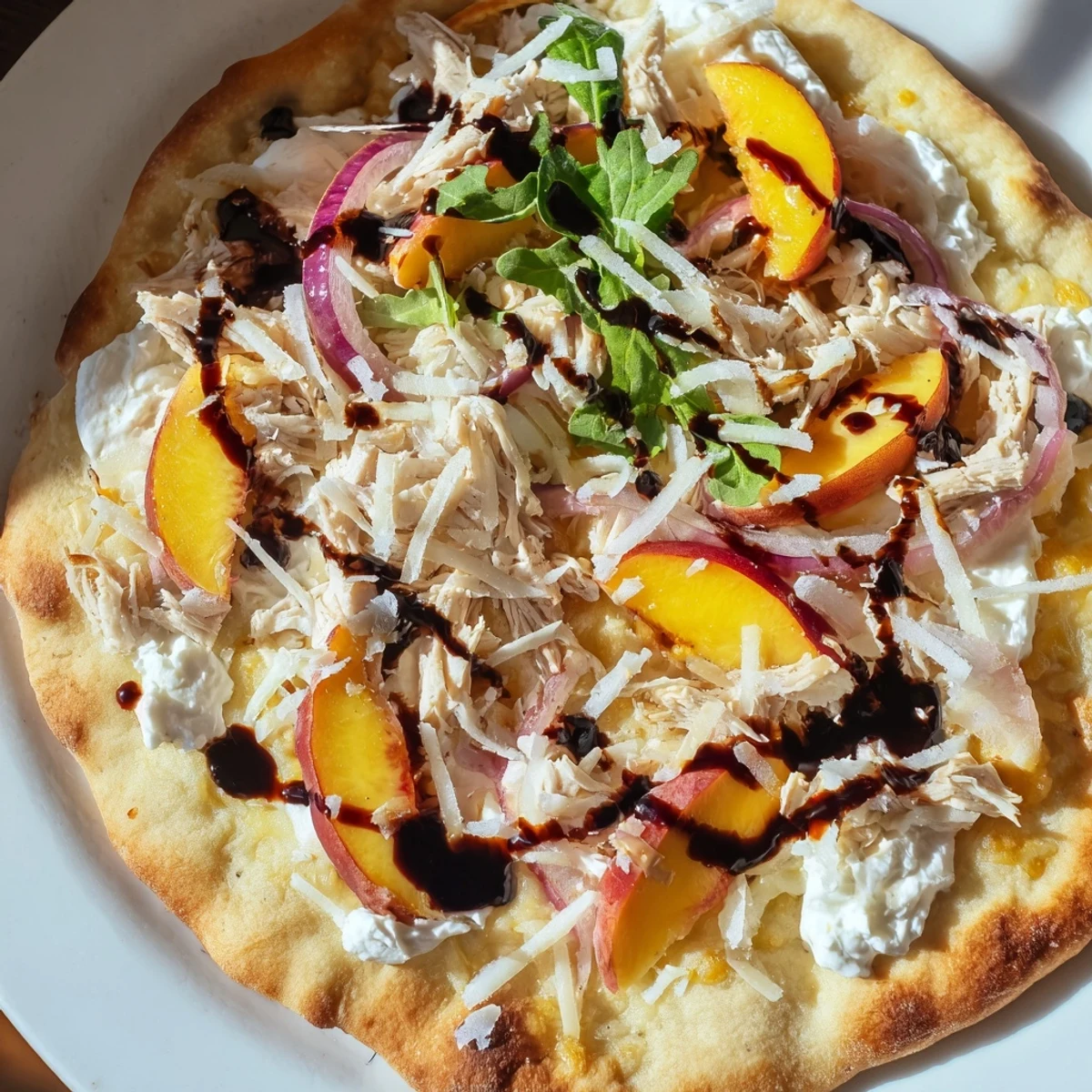 Slice of chicken peach pizza with peppery arugula and sweet balsamic drizzle