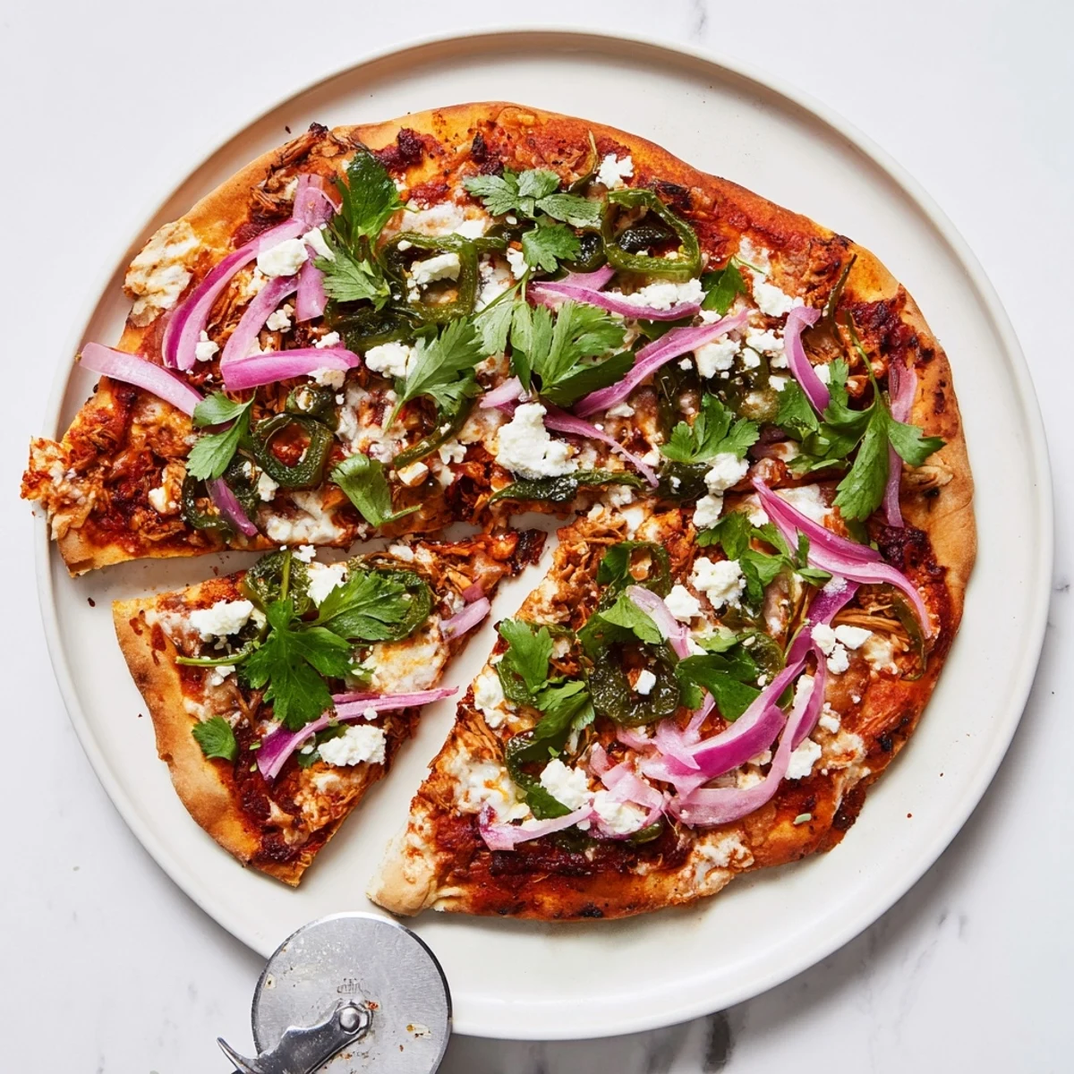 Golden poblano pizza with fresh cilantro garnish and bubbling melted cheese on a crispy crust