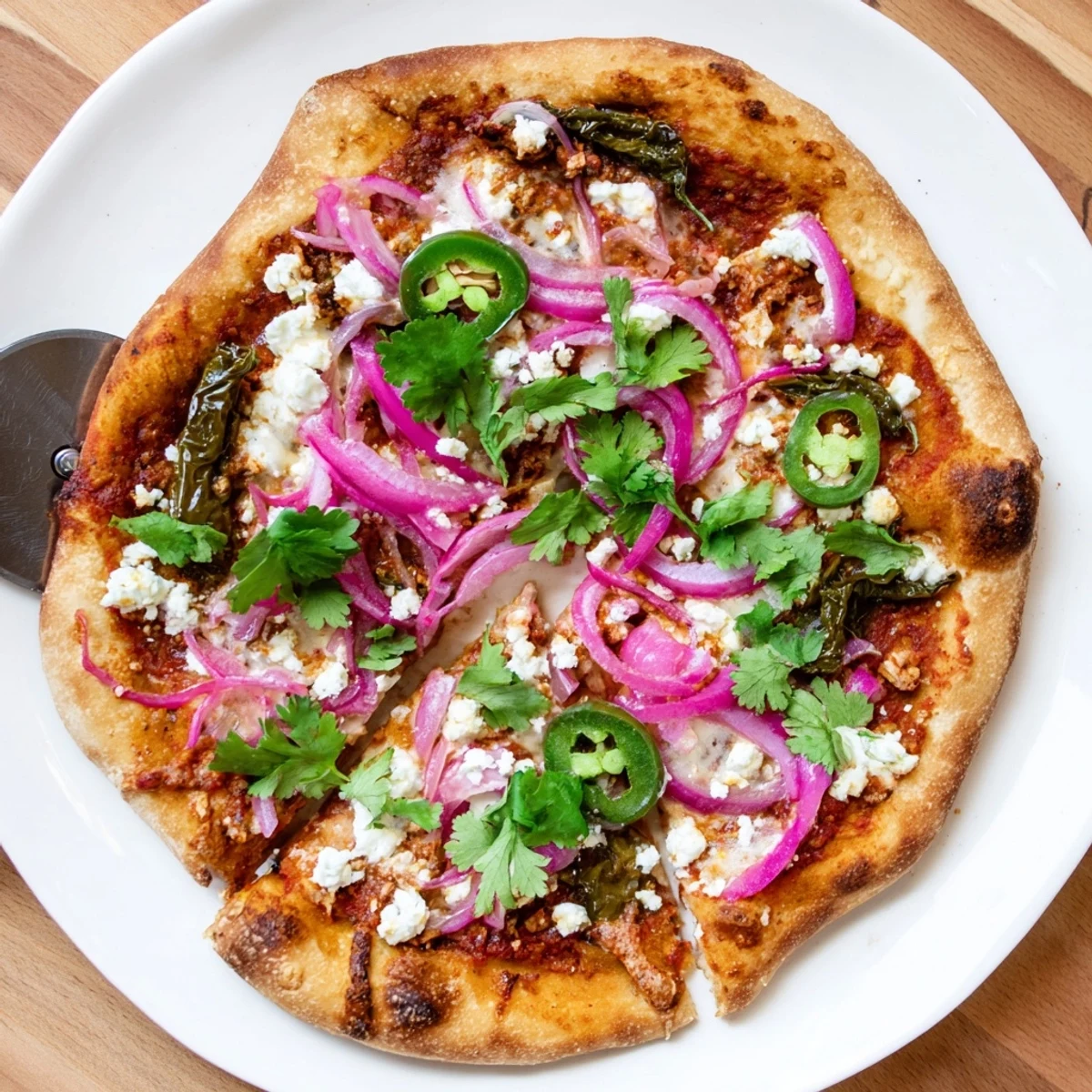 Roasted poblano pepper pizza topped with red onions and herbs baked to golden perfection