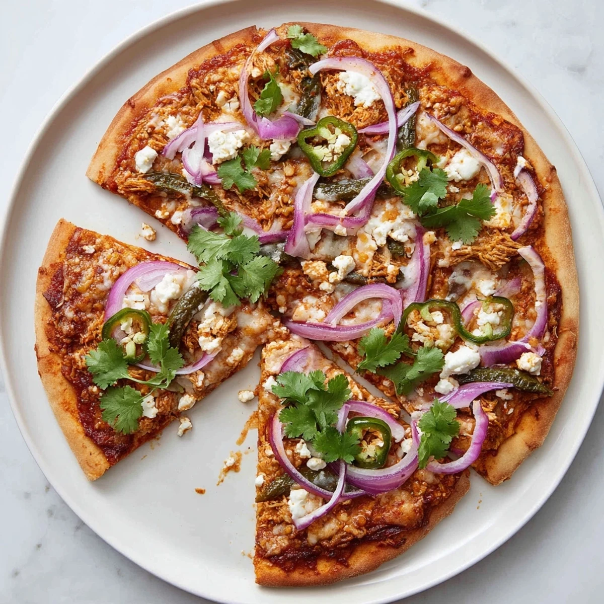 Slice of poblano pizza featuring charred peppers and fresh cilantro on a homemade crust